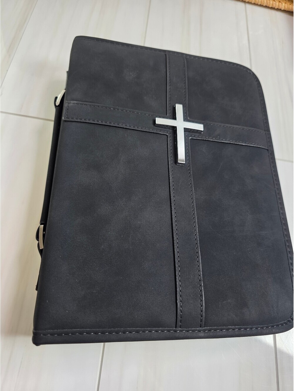 Leather Bible Cover with Silver Cross Faith Hope Love Black Faux